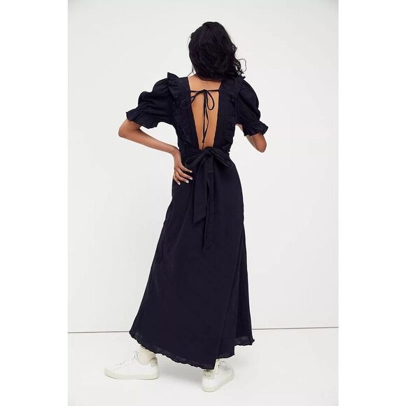 NEW FREE PEOPLE ENDLESS SUMMER Sz L NOW AND FOREVER MIDI MAXI DRESS Black Linen - Picture 3 of 10